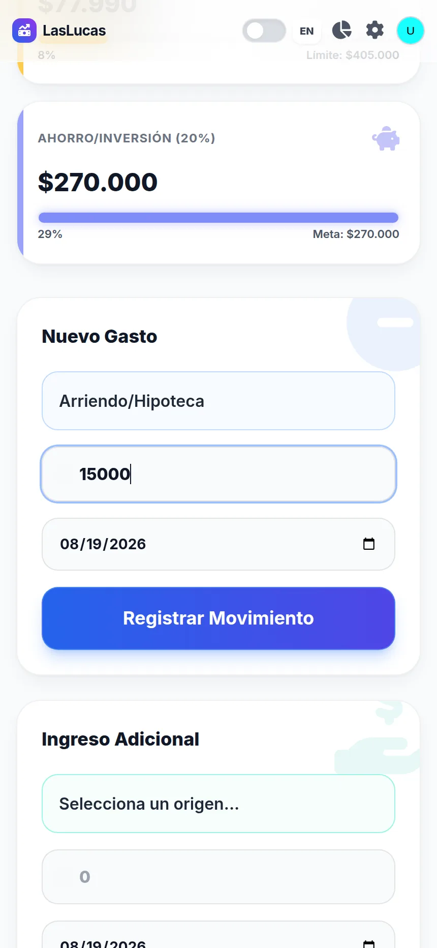 Formulario para registrar un nuevo gasto en LasLucas